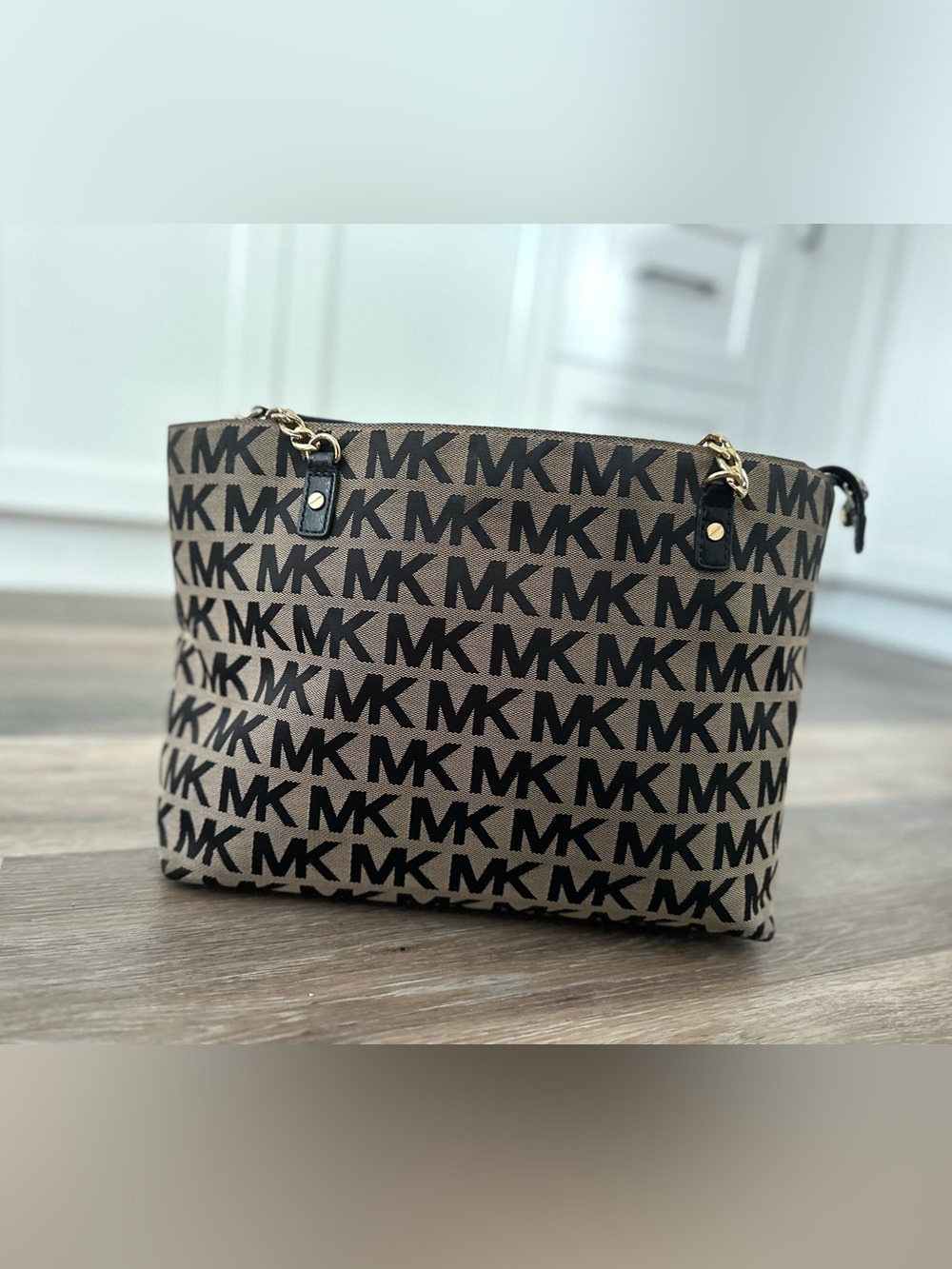 Michael Kors Tan and Black MK Logo Chain-Accent Tote